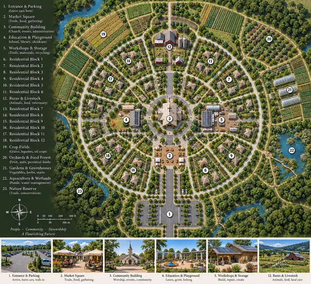 Conceptual village blueprint with a central church, residential neighborhoods, gardens, and shared spaces