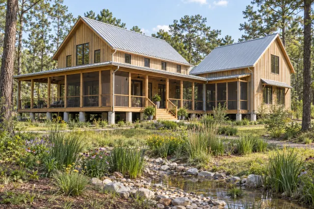 Possible modular prefab home with timber cladding and covered porches in a wooded landscape